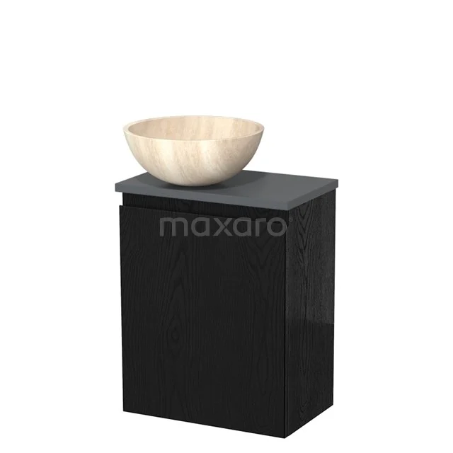 Zwart badkamermeubel met natuurstenen waskom in beige tint, modern design en mat afwerking, perfect voor een stijlvolle badkamer.