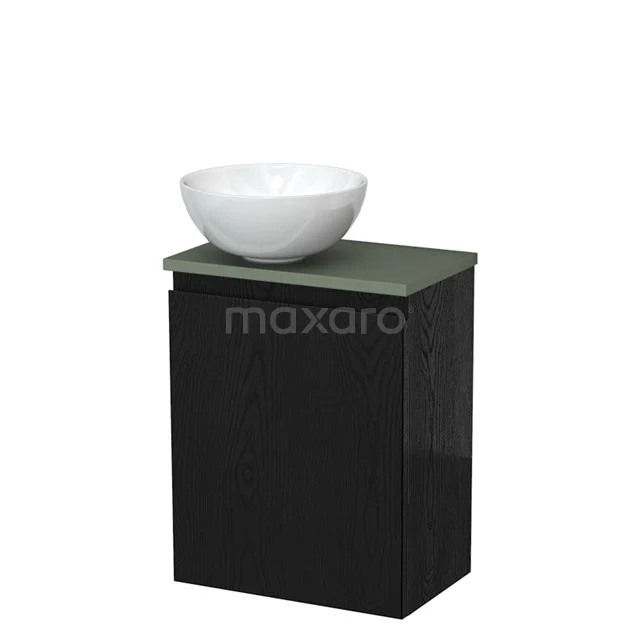 Zwart badkamermeubel met groene top en witte wastafelkom, modern design, ideaal voor stijlvolle badkamerinrichting.