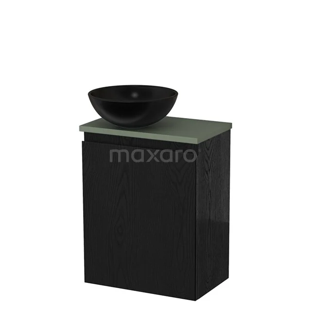 Zwarte badkamermeubelset met matgroen blad en ronde zwarte waskom, modern design voor stijlvolle badkamers.