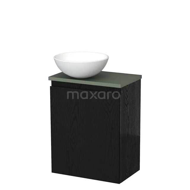 Zwarte badkamerkast met groene bovenkant en witte waskom, modern design, ideaal voor georganiseerde badkamers.