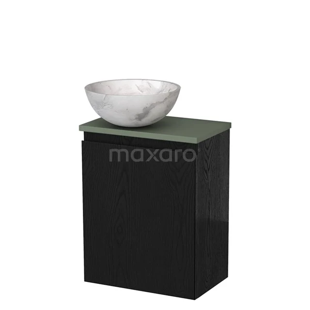 Zwart badkamermeubel met groene wastafelblad en ronde marmeren waskom, modern design uit premium badkamercollectie.
