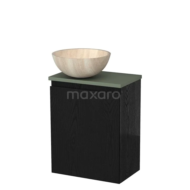 Zwarte badkamerkast met groene bovenplaat, voorzien van houten opzetwastafel; strak design voor moderne badkamers.