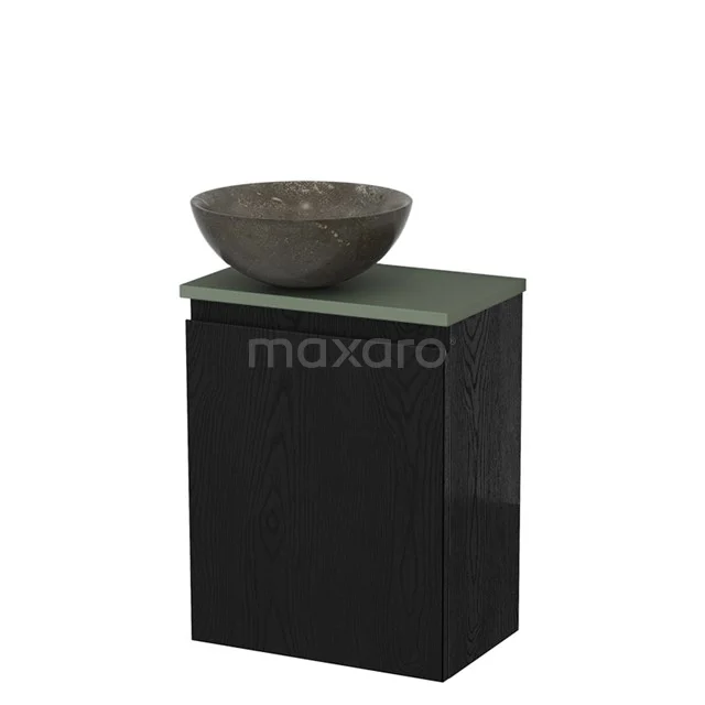 Zwart badkamermeubel met mat groene wastafelblad en ronde stenen waskom, ideaal voor moderne badkamerinrichting.