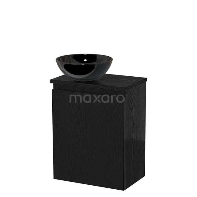 Zwarte badkamerkast met bijpassende zwarte wastafel, strak modern design, ideaal voor stijlvol badkameropbergen.