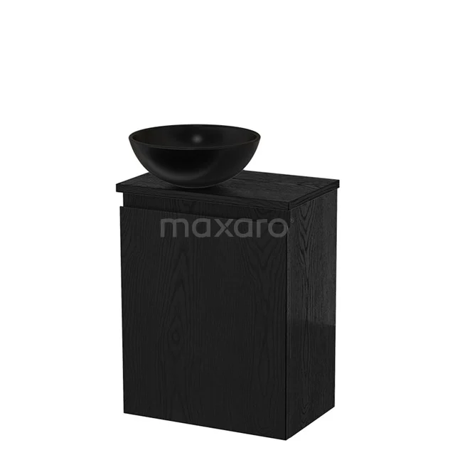 Zwarte badkamerkast met matte afwerking en ronde waskom, ideaal voor een moderne badkamer inrichting.