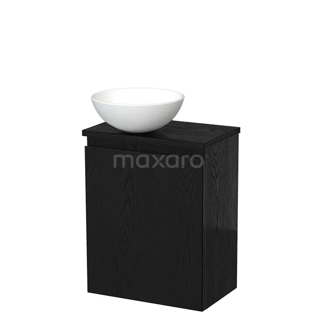 Zwarte badkamerkast met matte afwerking, inclusief witte waskom. Compact design, perfect voor moderne badkamers.