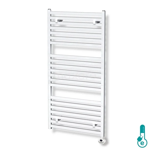 Alu-Heizkörper Zeus Weiß glänzend 1160 Watt 60x120cm Vertikal DR57_0612GWN-E Weißer Handtuchheizkörper, vertikales Design mit horizontalen Streben, ideal für Wärme und Trockenkomfort im modernen Badezimmer.