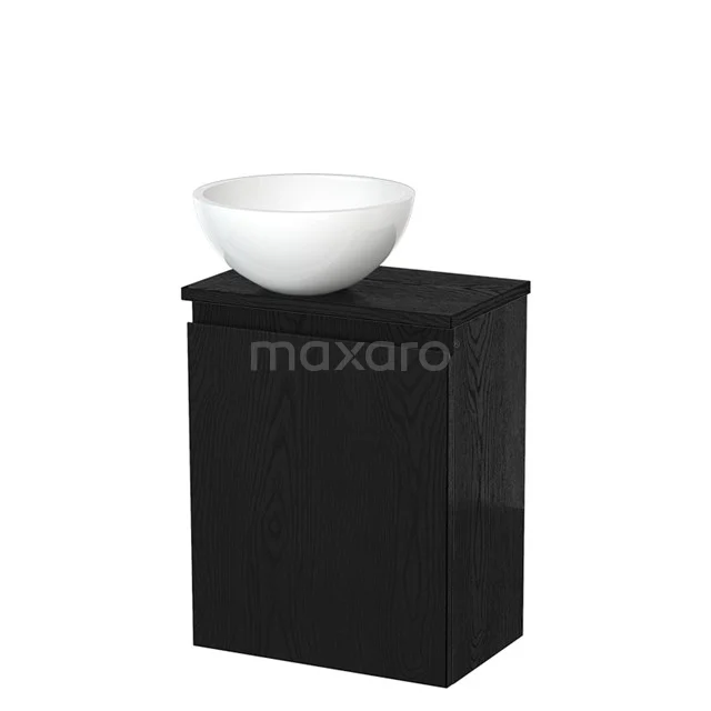 Zwart houten badkamermeubel met witte keramische waskom, compact design, ideaal voor moderne badkamers.