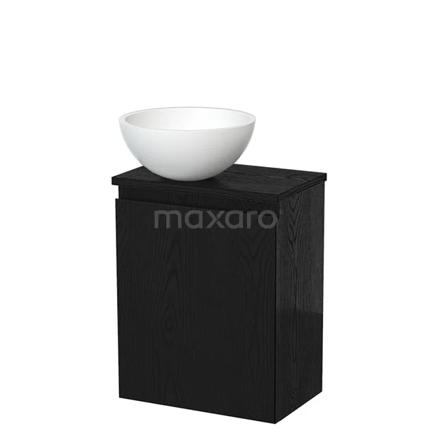 Zwarte badkamerkast met witte keramische wastafel, compact ontwerp, perfect voor moderne badkamers.