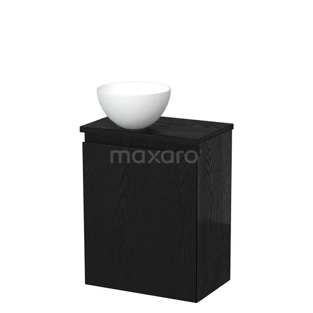 Zwart badkamermeubel met keramische ronde wastafel, modern design en compacte vorm, geschikt voor kleine badkamers.