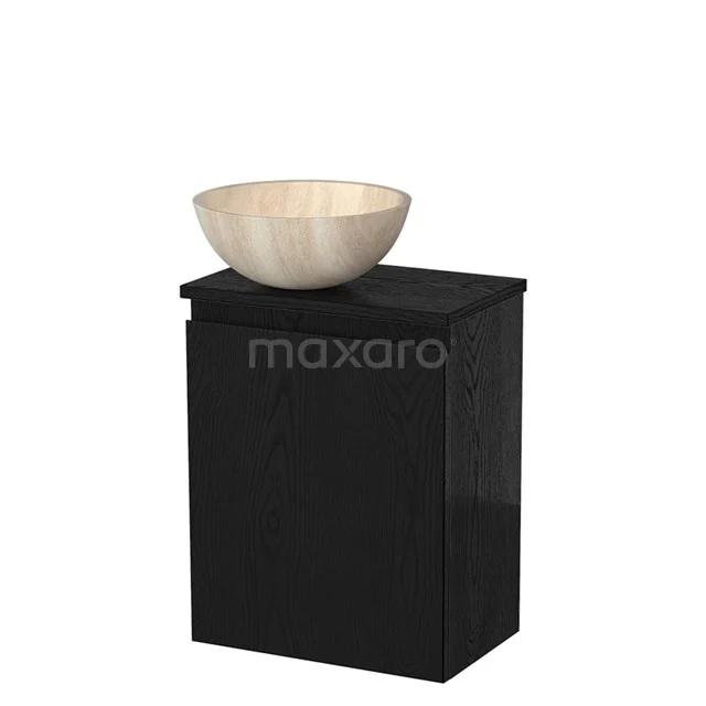 Zwart badkamerkastje met minimalistisch ontwerp, houten waskom in natuurlijke tinten, ideaal voor moderne badkamerstijlen.