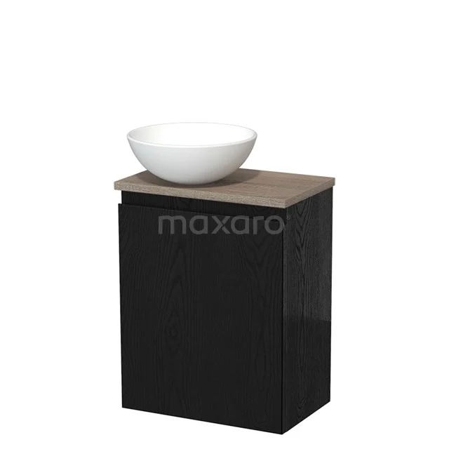 Zwarte badkamerkast met houtlook bovenblad en witte opzetwastafel, perfect voor een moderne en stijlvolle badkamer.