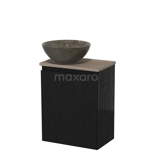 Zwarte badkamerkast met houten blad en ronde stenen waskom, modern design voor een stijlvolle badkamer inrichting.
