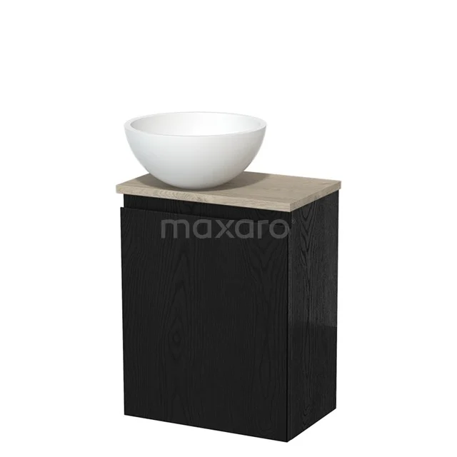 Toilet unit with countertop wash basin | 41 cm Black oak Handleless front Matte white Solid surface wash basin Light grey oak worktop TMK10-13637