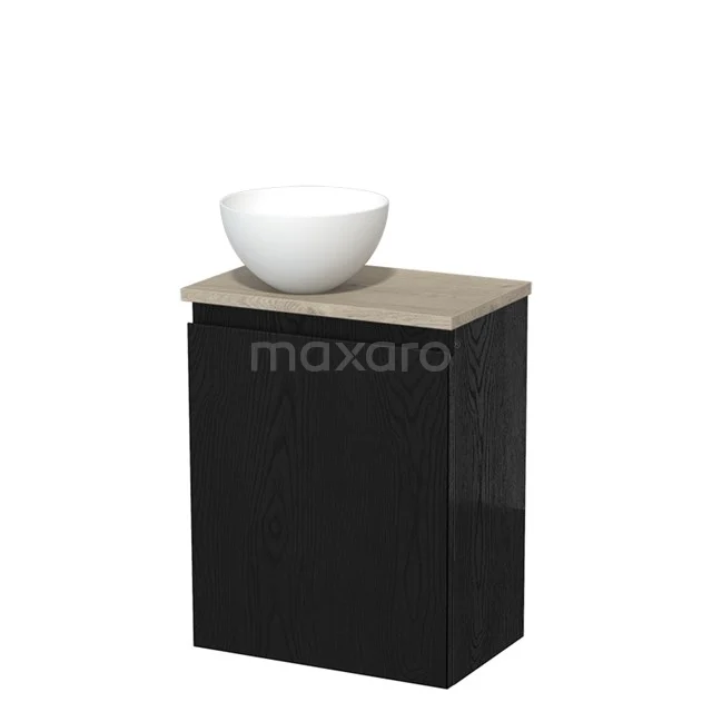 Toilet unit with countertop wash basin | 41 cm Black oak Handleless front Matte white Solid surface wash basin Light grey oak worktop TMK10-13638