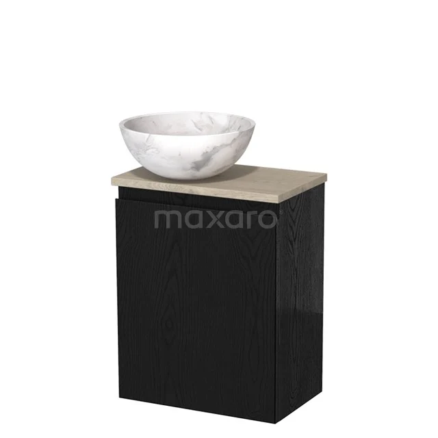 Toilet unit with wash basin | 41 cm Black oak Handleless front White marble Natural stone countertop wash basin Light grey oak worktop TMK10-13639