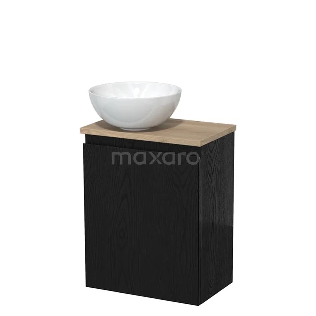 Toilet unit with countertop wash basin | 41 cm Black oak Handleless front High-gloss white Ceramic wash basin Light brown oak worktop TMK10-13645