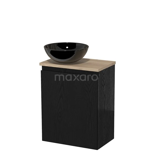 Toiletmeubel met waskom | 41 cm Zwart eiken Greeploos front Hoogglans zwart Keramiek waskom Lichtbruin eiken blad TMK10-13646