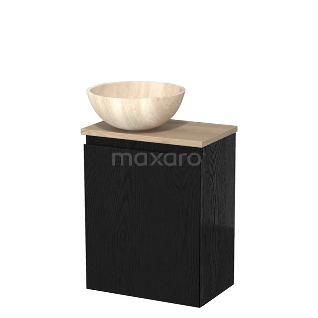 Toilet unit with wash basin | 41 cm Black oak Handleless front Travertine Natural stone countertop wash basin Light brown oak worktop TMK10-13653