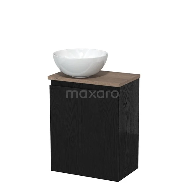 Toiletmeubel met waskom | 41 cm Zwart eiken Greeploos front Hoogglans wit Keramiek waskom Middenbruin eiken blad TMK10-13658