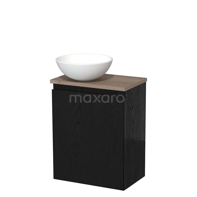 Zwart badkamermeubel met houten blad en witte keramische waskom, strak en modern design voor een stijlvolle badkamer.