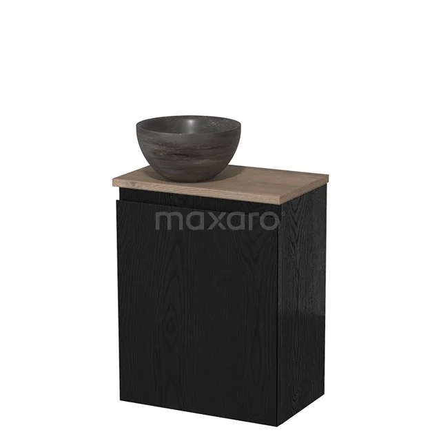 Zwart houten badkamerkastje met houtlook blad en grijze keramische waskom, stijlvol en compact design voor moderne badkamers.