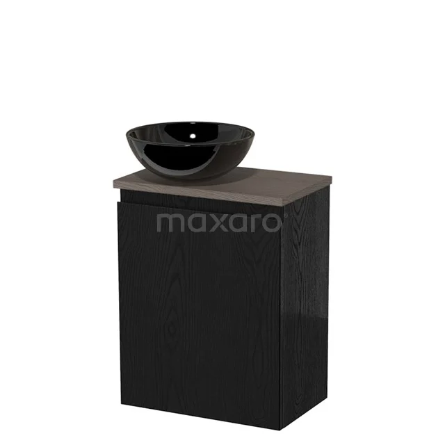 Zwarte badkamermeubelset met keramische waskom en houtlook blad, modern design voor stijlvolle badkamerinrichting.