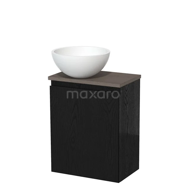 Zwart badkamermeubel met houtlook blad en witte waskom, strak design voor moderne badkamers.