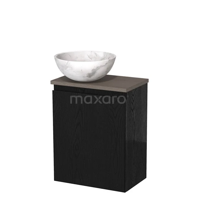 Zwart badkamermeubel met houtlook blad en marmeren kom, ideaal voor een moderne badkamerstijl.
