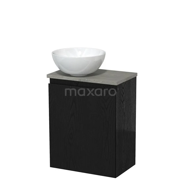 Zwart badkamerkastje met grijze top en witte keramische wastafel, modern en compact design voor stijlvolle badkameropslag.