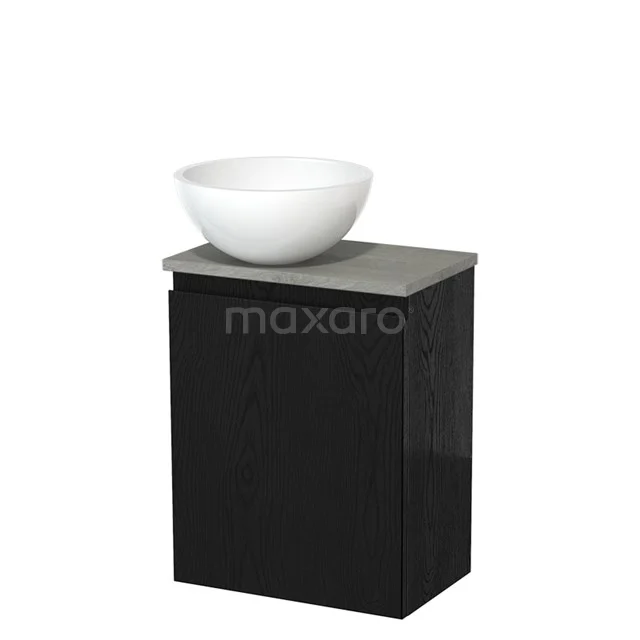 Zwarte badkamerkast met natuurstenen blad en witte ronde wastafel, modern design, ideaal voor een stijlvolle badkamer.