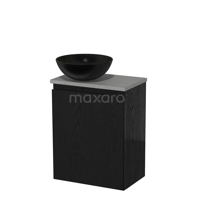 Zwart badkamermeubel met grijs blad en zwarte waskom, compact ontwerp, ideaal voor moderne badkamers.