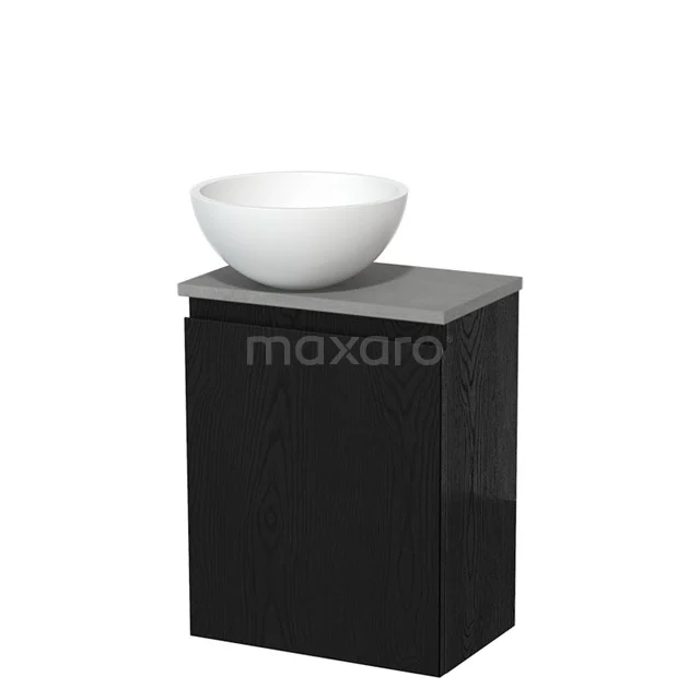 Zwart badkamermeubel met grijs blad en ronde witte waskom, modern design, ideaal voor stijlvolle badkamerinrichting.