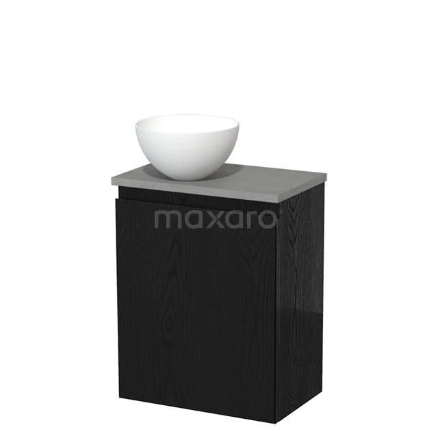 Zwarte badkamerkast met grijze stenen bovenblad en witte wastafelkom, strak design voor moderne badkamerinrichting.