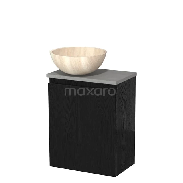 Zwarte badkamerkast met grijze bovenkant en een ronde houten waskom, ideaal voor moderne badkamerinrichting.