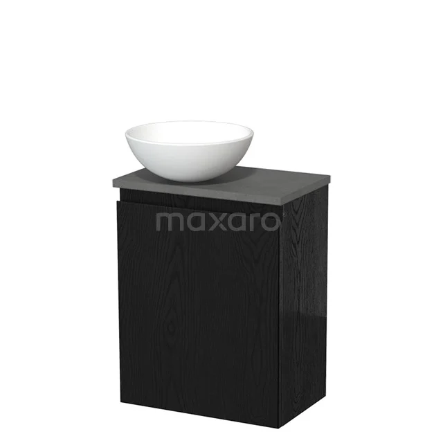 Zwarte badkamerkast met keramische waskom, modern design, ideaal voor stijlvolle en compacte badkamerinrichting.