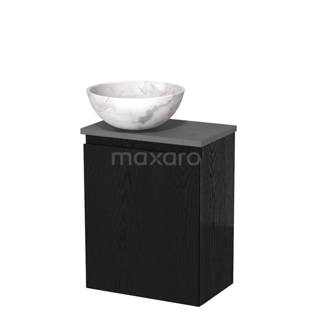 Zwarte badkamerkast met betonlook blad en ronde witte marmeren wastafelkom, ideaal voor een moderne badkamerstijl.