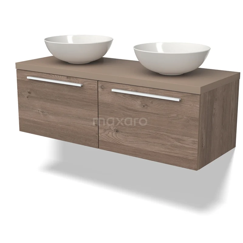 Modulo Plato Vanity units for countertop basin | 120 cm Mid brown oak Flat front Taupe worktop 2 Side-by-side drawers BMK12-01617