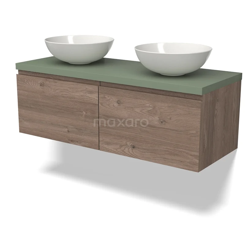 Modulo Plato Vanity units for countertop basin | 120 cm Mid brown oak Handle-less front Sage green worktop 2 Side-by-side drawers BMK12-01683