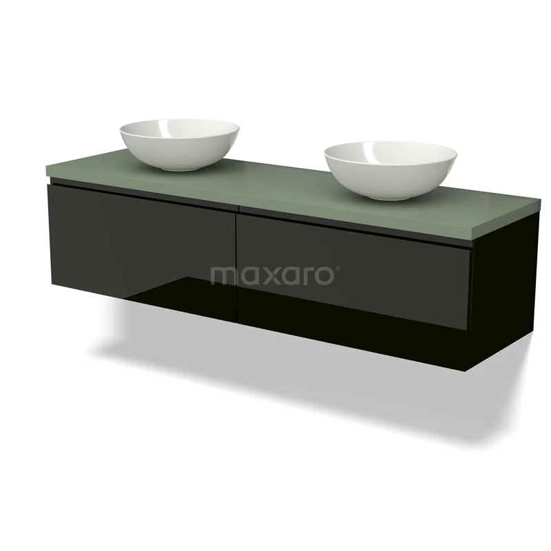 Waschtischunterschrank mit Konsole BMK12-01705 Zweites Badezimmermöbel Schwarz, doppelte Aufsatzwaschbecken, mattes Glas Platte, modernes Design. Perfekt für stilvolle Badezimmergestaltung.