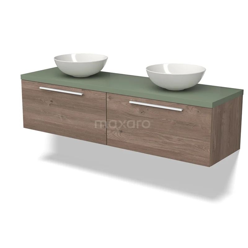 Modulo Plato Vanity units for countertop basin | 160 cm Mid brown oak Flat front Sage green worktop 2 Side-by-side drawers BMK12-01713