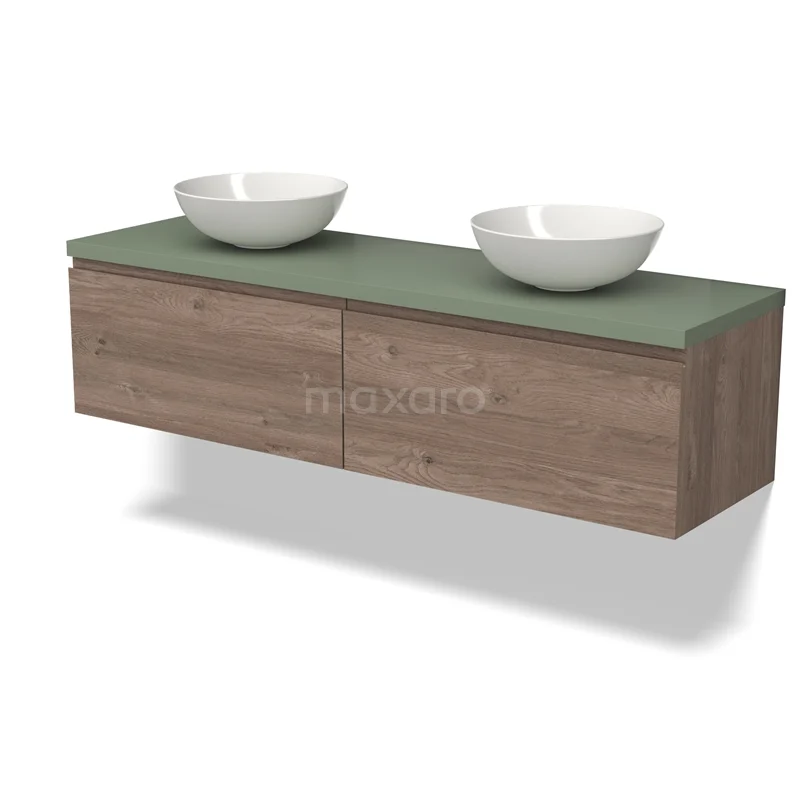 Modulo Plato Vanity units for countertop basin | 160 cm Mid brown oak Handle-less front Sage green worktop 2 Side-by-side drawers BMK12-01715