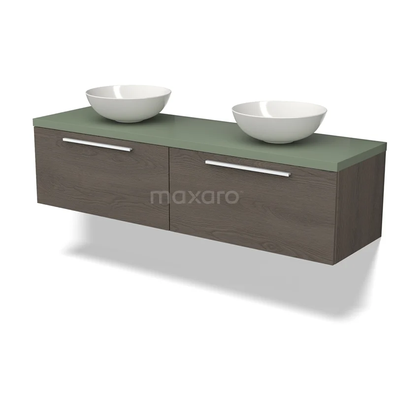 Modulo Plato Vanity units for countertop basin | 160 cm Dark brown oak Flat front Sage green worktop 2 Side-by-side drawers BMK12-01716