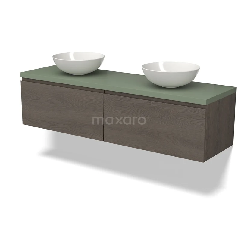 Wooden bathroom unit with green top, two white countertop wash basins and drawer fronts, modern design and practical storage space.