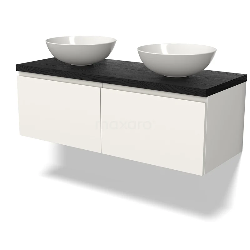 Modulo Plato Badmöbel mit Aufsatzwaschbecken | 120 cm Matt Weiß Grifflos front Schwarze Eiche blatt 2 nebeneinanderliegende Schubladen BMK12-01733 Weißes schwebendes Badmöbel mit schwarzer Platte und doppelten runden Aufsatzwaschbecken, modernes Design für luxuriöse Bäder.