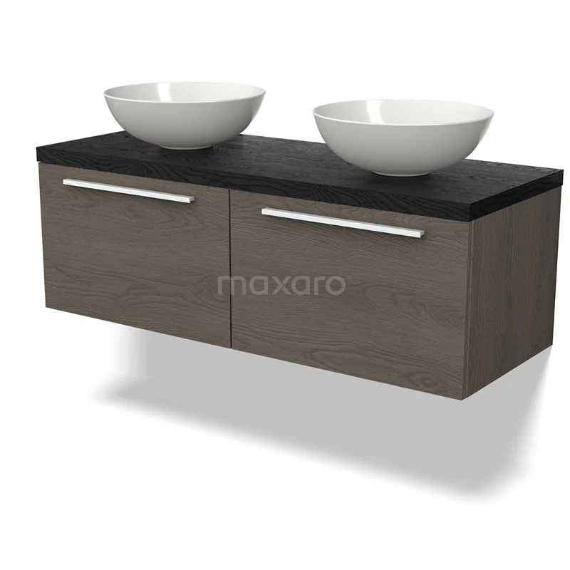 Waschtischunterschrank mit Konsole BMK12-01748 Holz Badezimmermöbel mit Doppelwaschbecken, dunkler Platte und weißen Schalen, ideal für stilvolle Bäder.