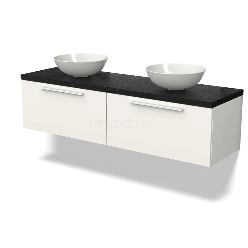 Modulo Plato Badmöbel mit Aufsatzwaschbecken | 160 cm Matt Weiß Flach front Schwarze Eiche blatt 2 nebeneinanderliegende Schubladen BMK12-01763 Weißes schwebendes Badezimmermöbel mit schwarzer Platte, zwei runden Aufsatzwaschbecken und metallischen Haltegriffen; stilvolles und modernes Design.