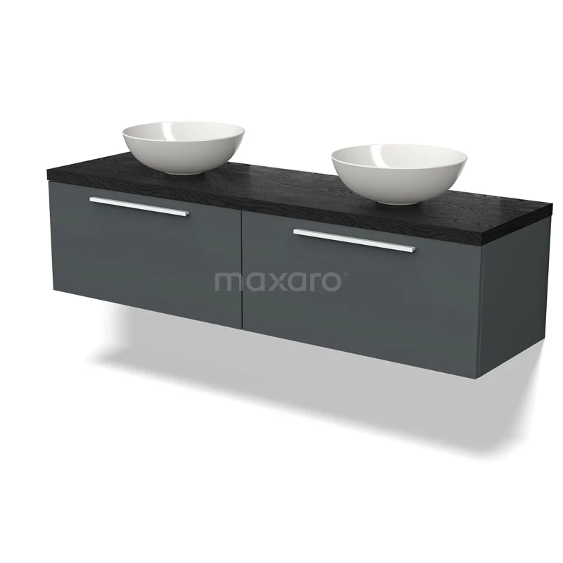 Modulo Plato Badmöbel mit Aufsatzwaschbecken | 160 cm Dunkelgrau Flach front Schwarze Eiche blatt 2 nebeneinanderliegende Schubladen BMK12-01766 Moderne graue Badmöbelset mit Doppelwaschbecken und schwarzer Platte, elegantes Design ideal für jedes stilvolle Badezimmer.