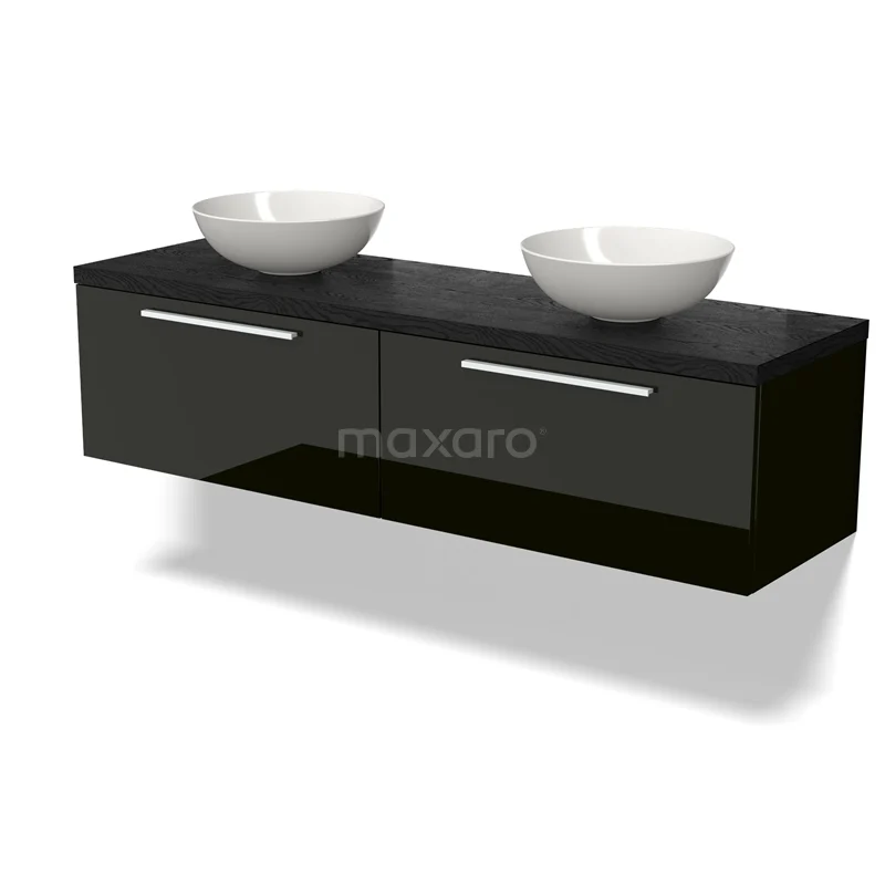 Waschtischunterschrank mit Konsole BMK12-01768 Schwarze Hochglanz hängende Badmöbelset mit Doppelwaschbecken; modernes Design mit keramischen Schalen und chromfarbenen Haltegriffen.