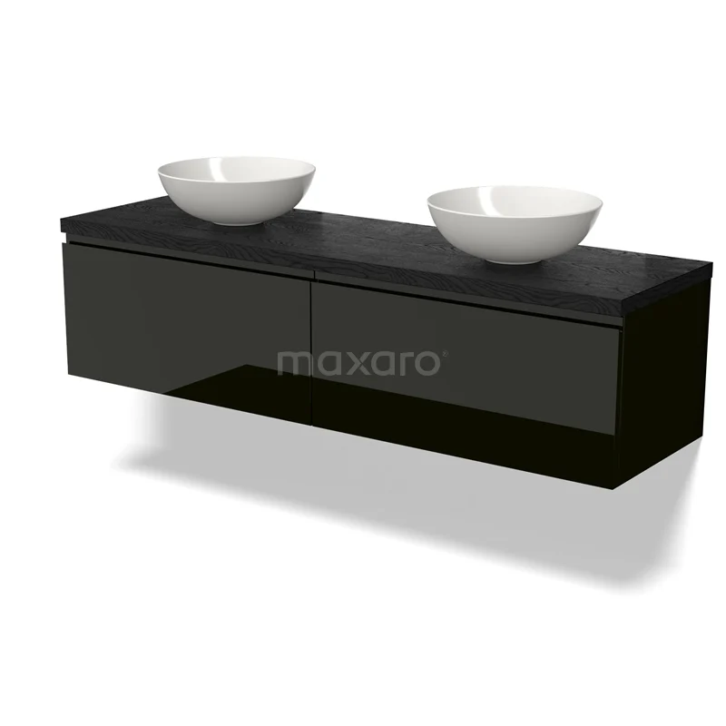 Waschtischunterschrank mit Konsole BMK12-01769 Schwarzes schwebendes Waschtisch mit doppelten weißen Aufsatzwaschbecken, glänzende Oberfläche, modernes Design für luxuriöses Badezimmer.